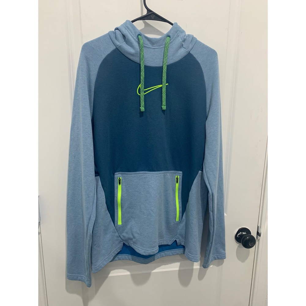 Nike Therma-FIT Blue Colorblock Hoodie Mens Medium Lime Green Accents Zip Pocket